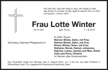 Traueranzeige von Lotte Winter von Pegnitz-Zeitung